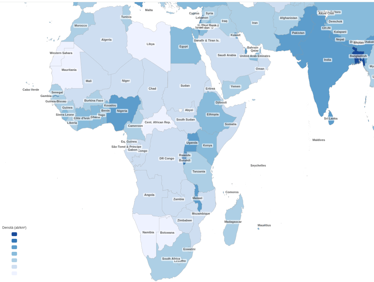 Densità abitativa delle nazioni africane (2025)
